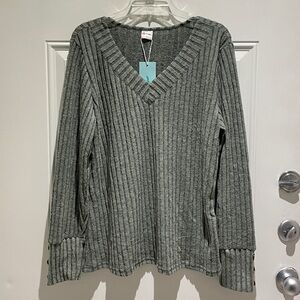 Wiholl Moss Green V-Neck Ribbed Long Sleeve Sweater Top Size Large Cozy Soft NEW